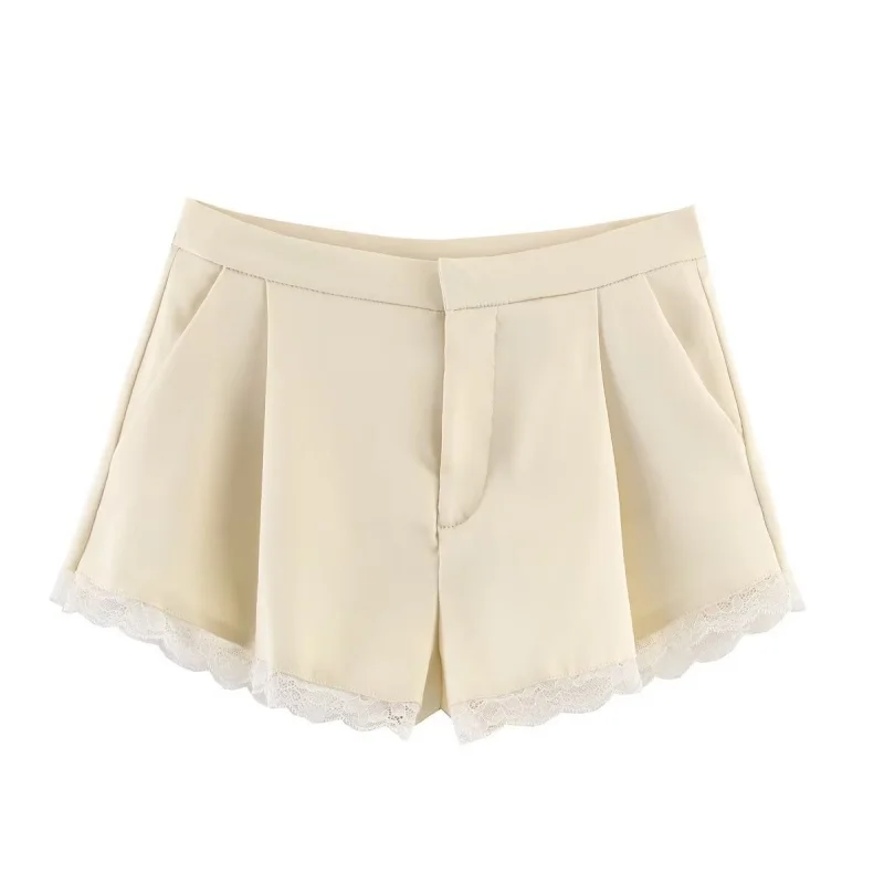 

Summer Lace Satin Mini Shorts Pants Women Zipper Decoration Versatile Patchwork Shorts Female Causal Sexy Simple Wear 2026 New