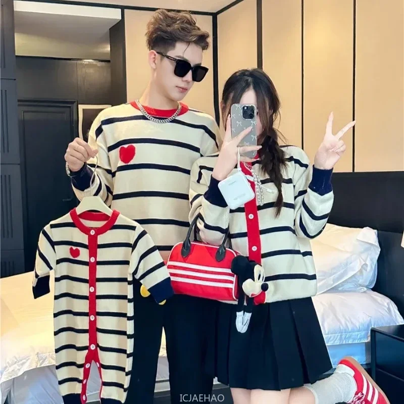 

Family Matching Striped Knit Clothes Matching Knit Jumper Daughter Son Cardigan Dad and Children Toddler Knitted Romper Mom and