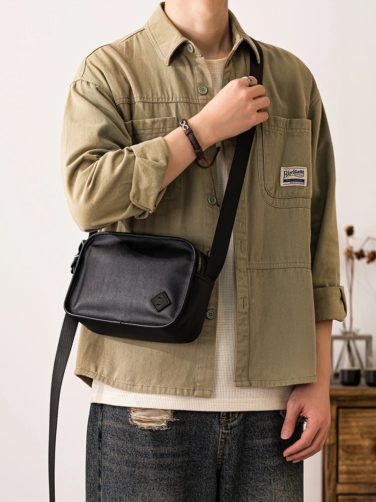 Simple casual high-quality first layer cowhide men crossbody bag outdoor daily work handmade genuine leather black shoulder bag