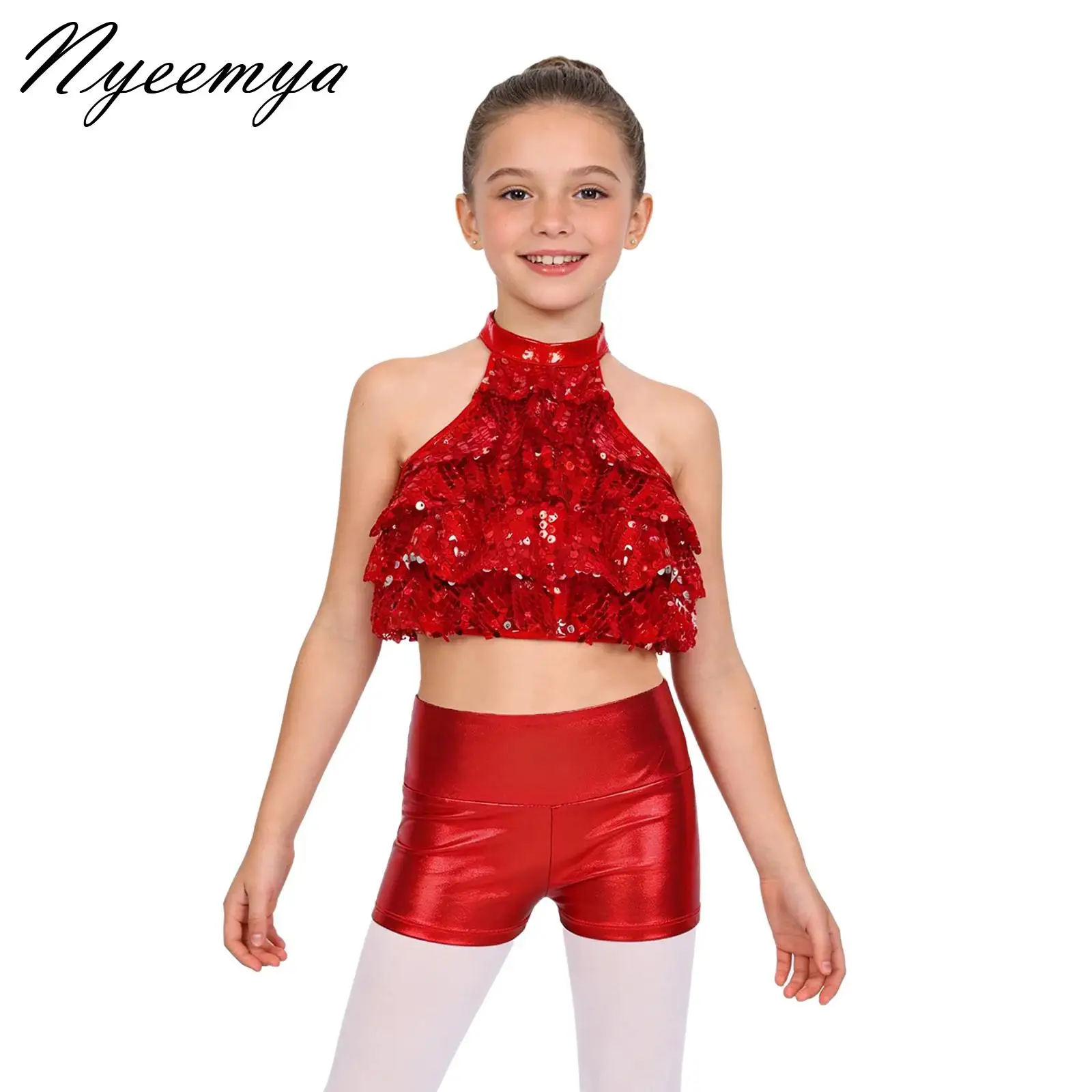 

Kids Girls Jazz Dance Performance Outfits Shiny Sequin Sleeveless Tassel Vest Top with Shorts Carnival 60s 70s Disco Costume