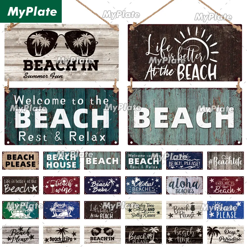 [MyPlate] Welcome To The Beach Wooden Wall Plaque Sign Wood Plate Home Door Wall Deocr Decoration Man Cave Hanging House Gift