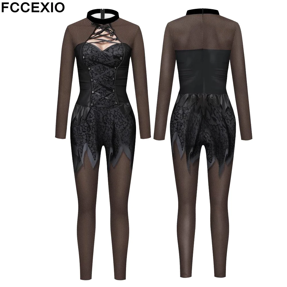 

FCCEXIO Japanese Anime Black Lace Print Sexy Jumpsuit Carnival Cosplay Women Bodysuit Long Sleeve Romper Kawaii Girl Jumsuits