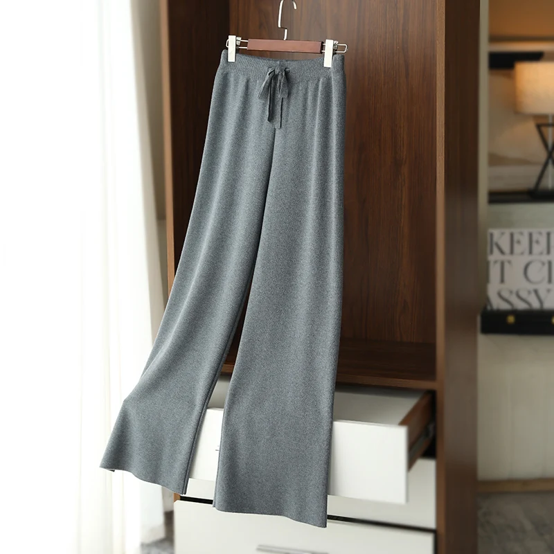 Women Pants Winter New Soft Waxy Comfortable High-Waist Cashmere Knitted Pants Female Solid Color Casual Wide Leg Pants Spring