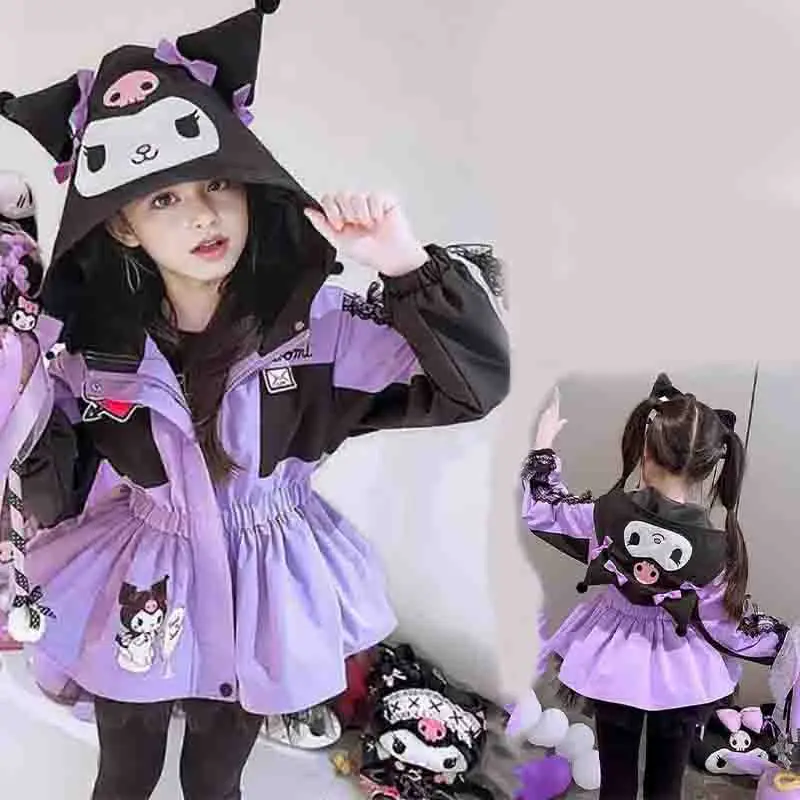 

Пальто-тренч Sanrio Kuromi: весенне-осенний стиль, повседневный аниме-костюм, милая мягкая одежда для девочек, длинное пальто, подарок