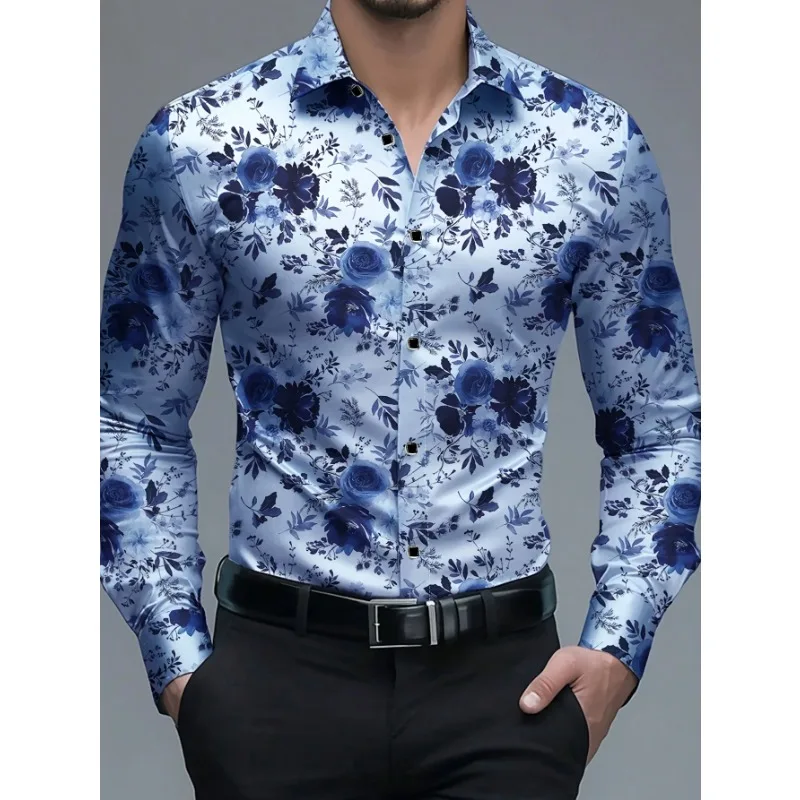 

FGKKS Men Hawaiian Shirt Fashion Brand New Floral Printed Long Sleeve Casual Elastic Four Season Male Shirt