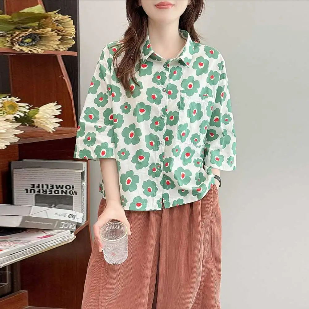 

Japanese Sweet Mori Girl Vintage Floral Printed Shirts Women Summer Turn Down Collar Short Sleeve Single Breasted Casual Blouse