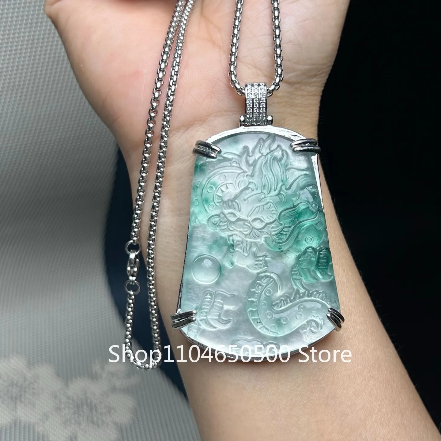 

Certified Natural Ice Green Jade Jadeite Carved dragon Pendant&Necklace