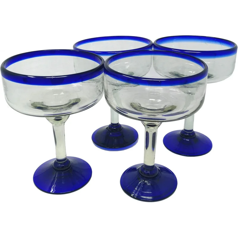 

Mexican Hand Blown Glass - Set of 4 Hand Blown Margarita Glasses - Cobalt Blue Rim (16 oz)