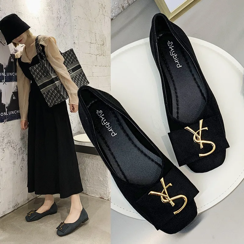 Women Suede Flat Shoes Spring New Fashion Versatile Soft Sole Square Toe Metal Buckle Decoration Commuting Elegant Women Shoes