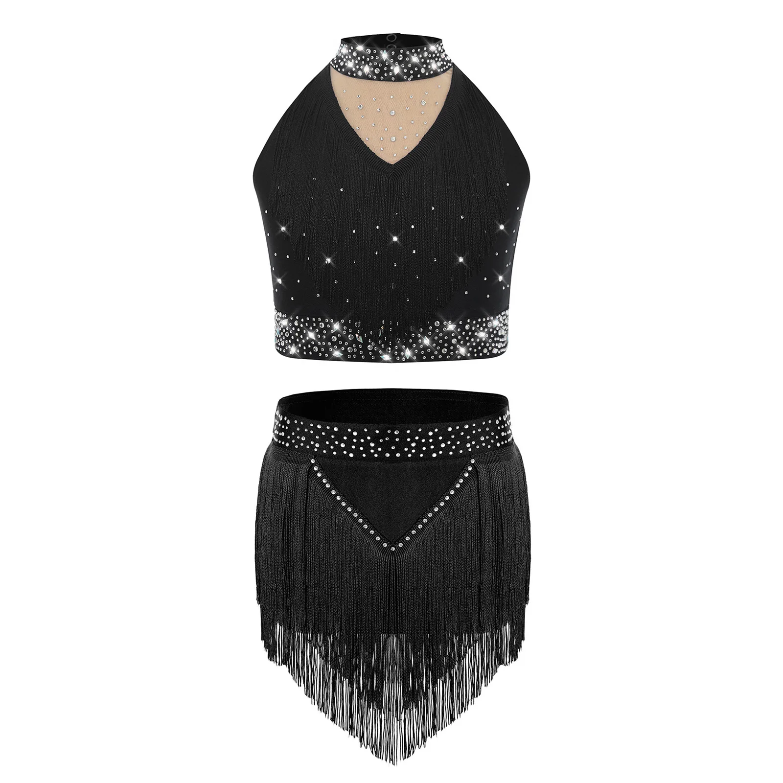 

Kids Girls Fringe Latin Dance Outfit Mock Neck Sleeveless Sparkly Rhinestones Vest Top+Tassels Skirt for Performance Costume