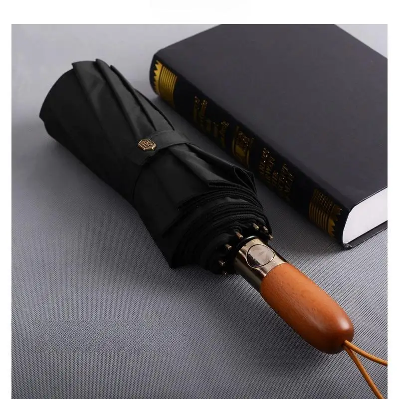 High-end 10-rib Double-layer Automatic Umbrella Simple Men's Business Tri-fold Solid Wood Handle Car-mounted Gift Umbrella