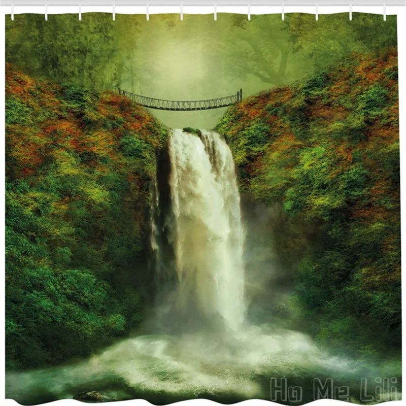 Nature Shower Curtain By Ho Me Lili Majestic Waterfall Flowing Rocks Old Bridge Forest Artwork Bathroom Decor Hunter Fern Green