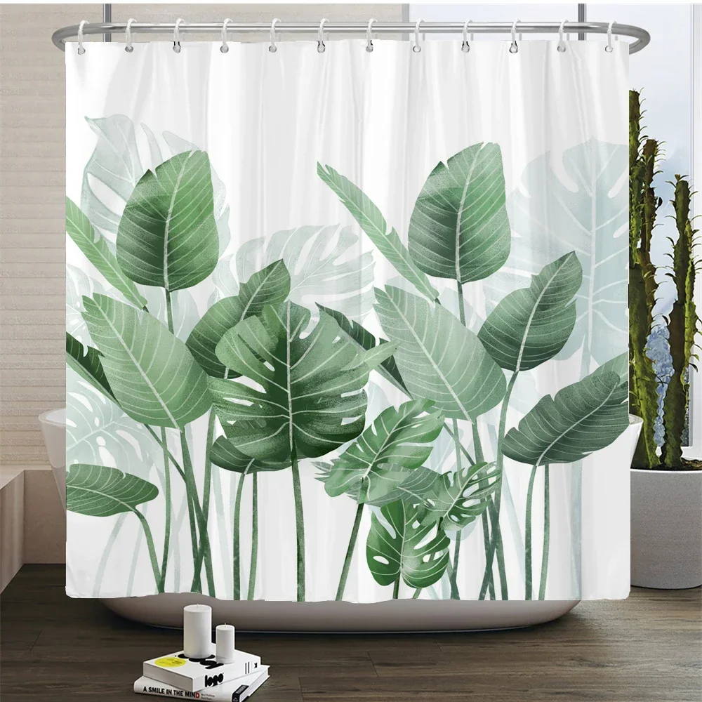 Green Plant Leaves Print Shower Curtains Watercolor Boho Floral Waterproof Morden Bathroom Bathtub Curtain Room Decor With Hooks