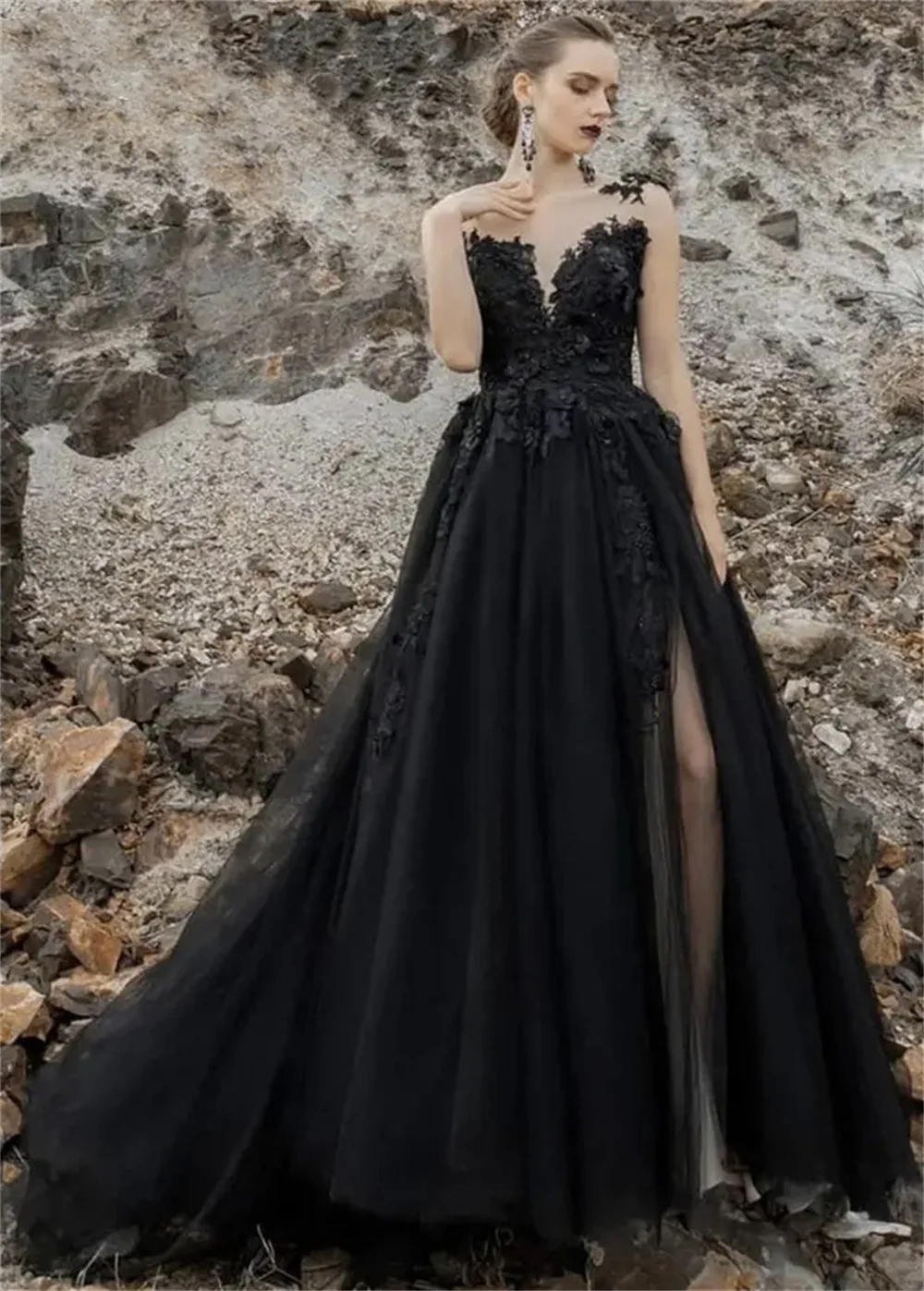 Black Prom Dresses Luxury Tulle Evening Dress Embroidered Gothic Wedding Dress Custom Robe Party Dress 2024 Vestidos De Noche