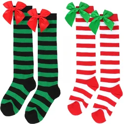 Christmas Bow Socks Girls Autumn Winter Stockings Sweet Princess Long Socks Children's Striped Long Socks Xmas Hosiery