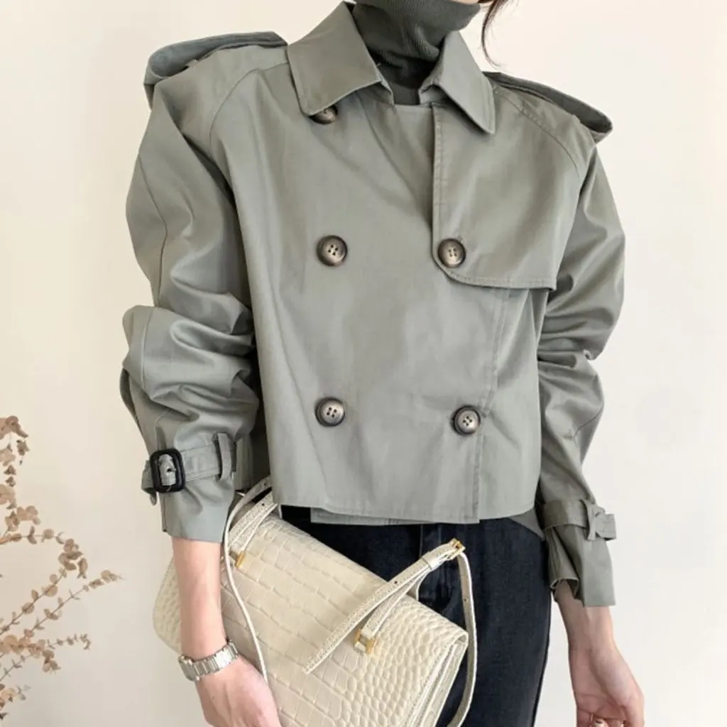 

Women's Korean Style Loose Long-Sleeved Windbreaker Double-Breasted Retro Lapel Design Spring/Fall Short Outwear Trendy Fashion