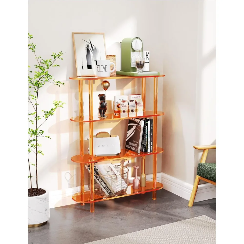 Bibliothèque ouverte transparente en acrylique à 4 niveaux pour une utilisation à domicile et au bureau en orange