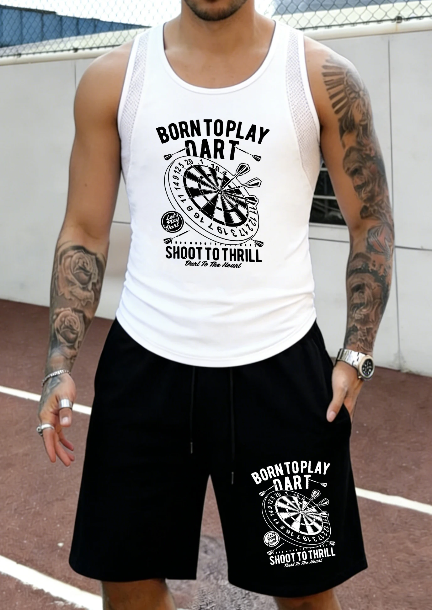 

Borntoplay Dart Shoot To Thrill Printing Summer Basic Short Suits Street Jogging Sportpants Male Simple Vest Soft Loose Shorts