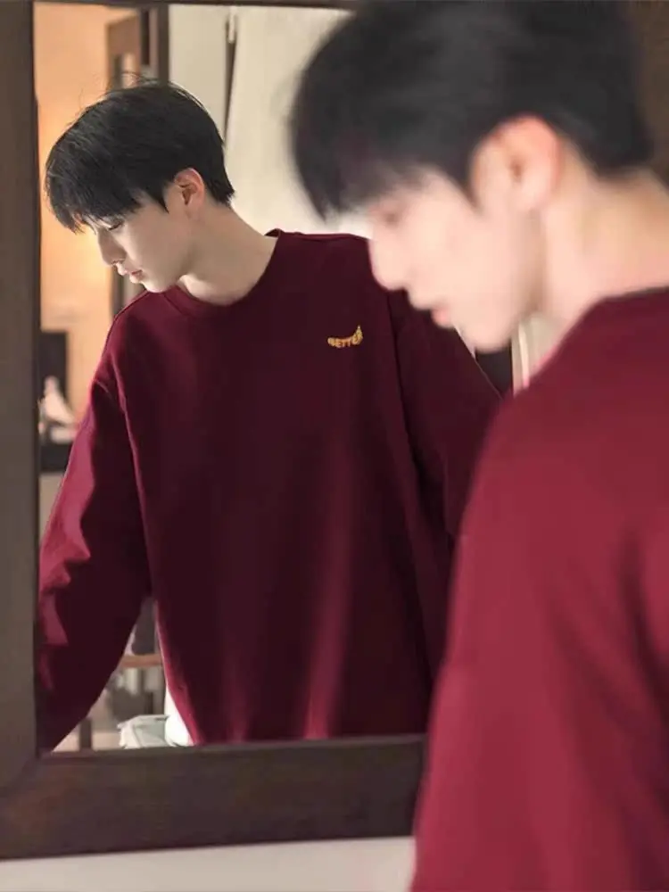 

Heavyweight Cotton Long Sve round Ne Sweatirt Men's Oversize Base Layer irt k Red Casual Comfortable T-irt