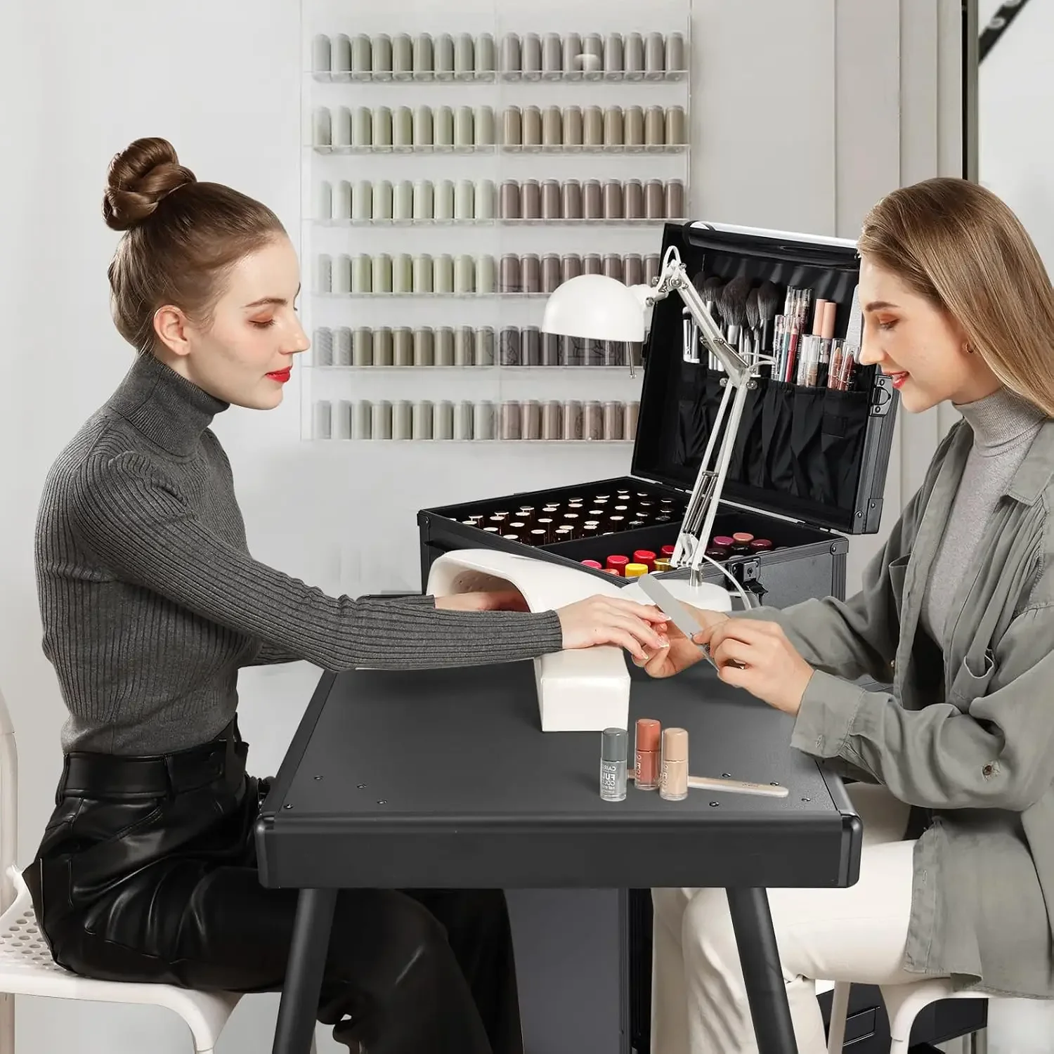 Rolling Manicure Table 5 Drawers Makeup Case Foldable Nail Desk Cosmetology Case on Wheels Nail Tech Table with Brush Pouch