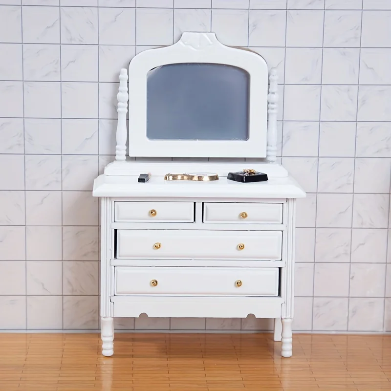 

1pc 1:12 Scale Dollhouse Mini Wooden White Dressing Table Playhouse Miniature Storage Cabinet Table with Mirror Model Ornament