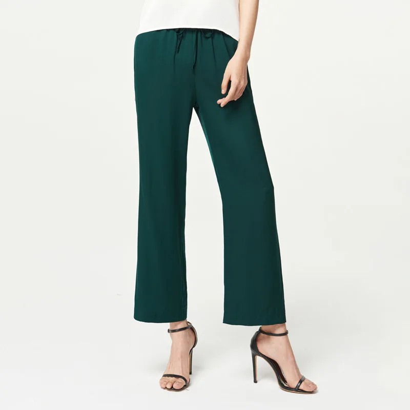 Birdsky, 1PC Women pants casual wide leg trousers high waist 23MM 93% mulberry real silk 7% spandex solid Black Green, S-341