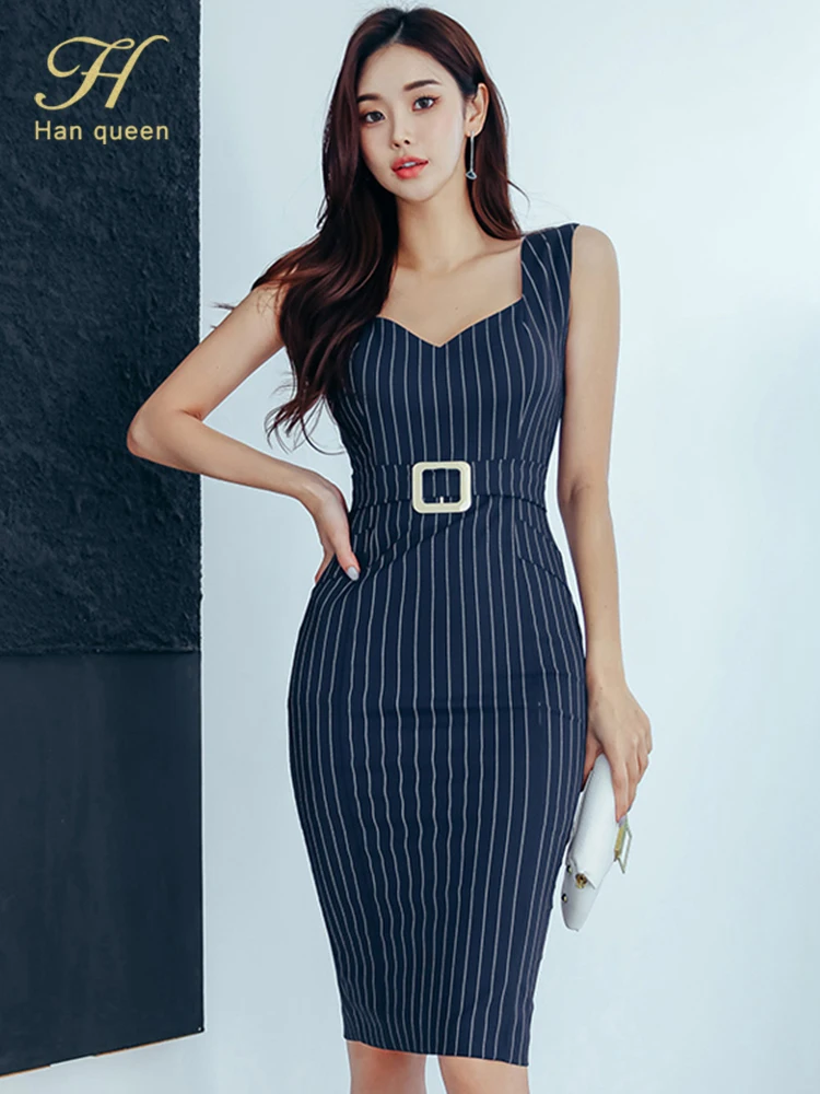 H Han Queen Elegant Vintage Blue Stripes Pencil Dress Women's Slim Tank Summer Sheath Bodycon Dresses OL Office Party Vestidos