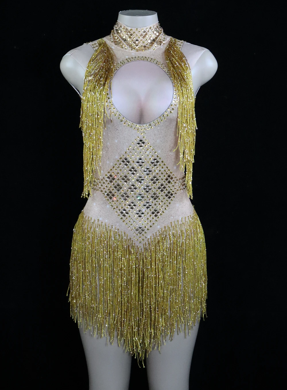 Leotard elástico com strass brilhantes e franjas, traje de dança, show de desempenho, traje do palco, bodysuit, roupa de festa, roupa dançarina cantora