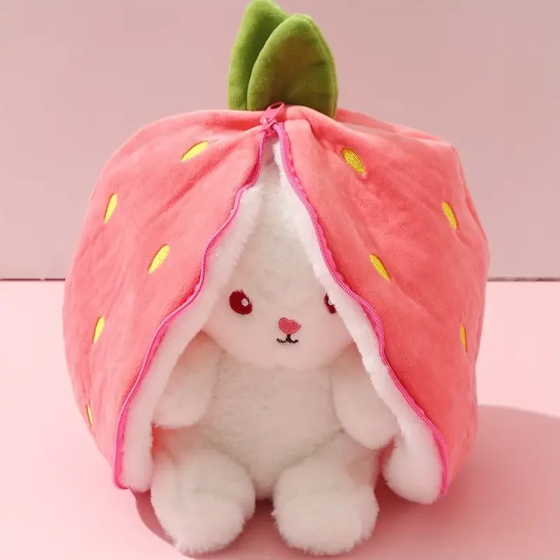 9.84inch Cute Strawberry Rabbit Transforming Plush Toys Fruit Rabbit Transforming Doll Christmas Halloween Thanksgiving Gifts