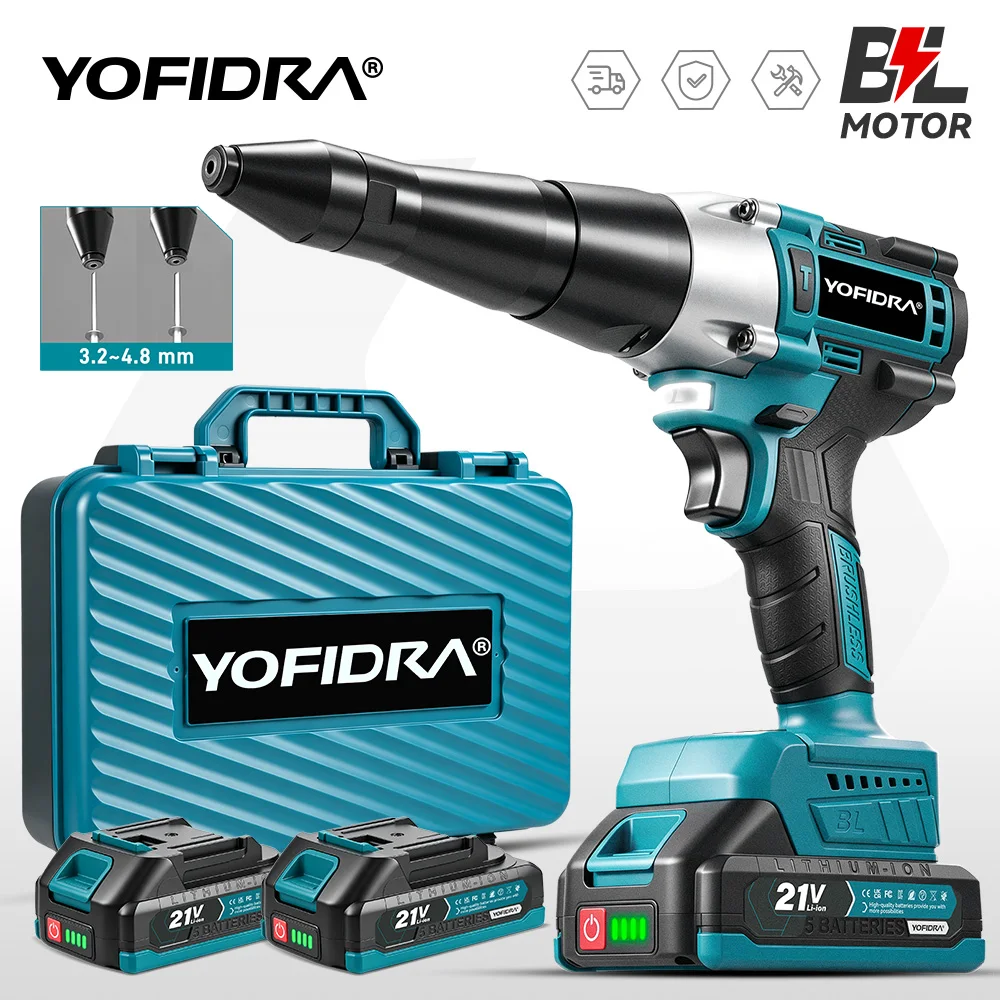 YOFIDRA 25000N Bürstenloser Elektrischer Nietpistole 3,2~4,8mm 600N.m Kabelloser Nietmutternschrauber Bohrwerkzeug für Makita 21V Akku
