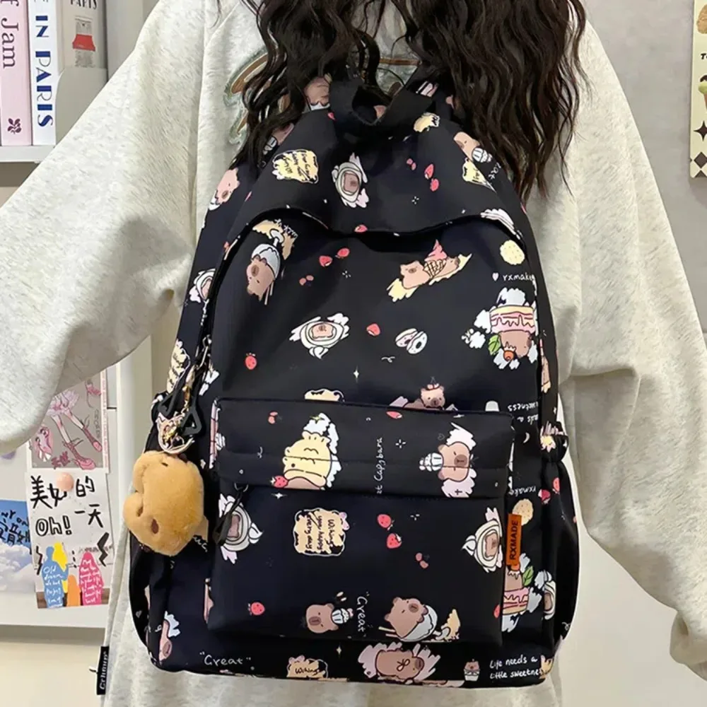 

Thickened Capybara Backpack Nylon Wide Straps Large Capacity School Bag Multi Functional Full Color Cartoon Animal Daypack Gifts