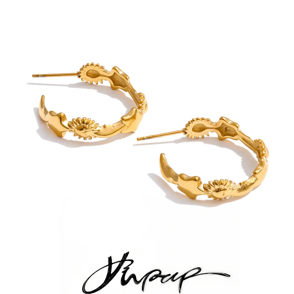 Yhpup Fashion Stainless Steel Star Moon Sun C-shape Gold Color Earrings Waterproof Arrivals Daily Attractive Jewelry Wholesale