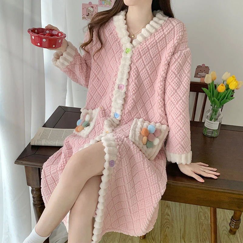 

Pajamas Women's Winter New Coral Plush Thickened Cardigan Pajama Dress Embroidered Sweet And Cute Home Fur Can Be Outworn