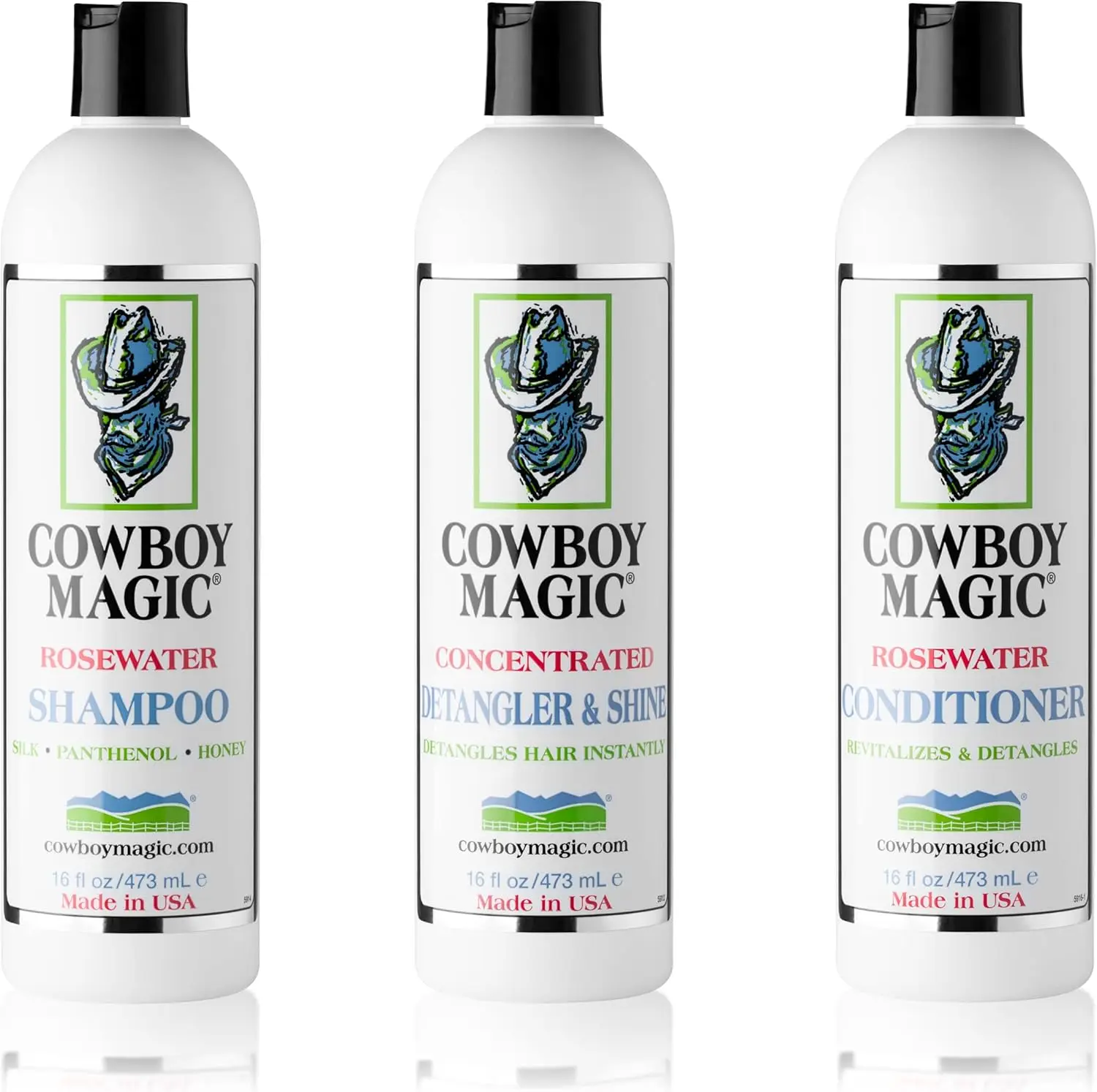 Champú + Acondicionador + Desembarazador 16 oz cada una con Seda, Pantenol y Miel para Caballos, Humanos, Perros - Capa y Cabello Sedoso