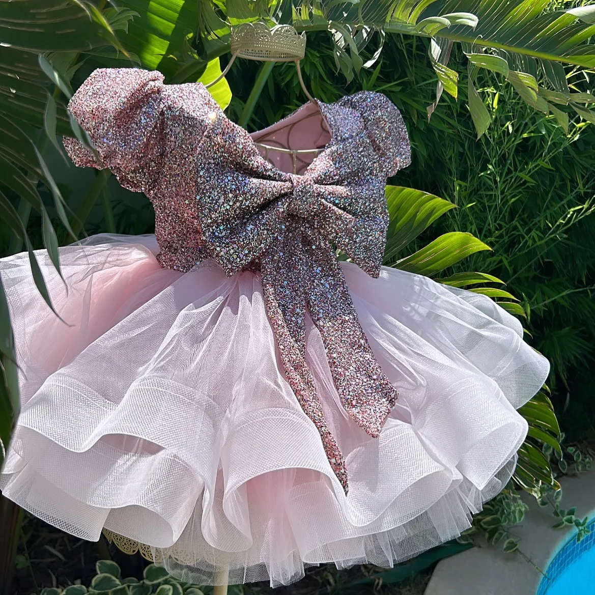 Pink Flower Girl Dress Glitter Sequins Bow Belt For Wedding Party Short Sleeves Puffy First Communion Gown Kids Birthday GIFT