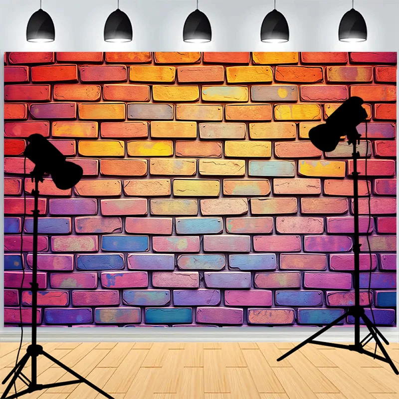 Abstract Neon Rainbow Painted Brick Wall Background Damaged Rustic Texture Vibrant Graffiti Grunge Photography Backdrops BK-07