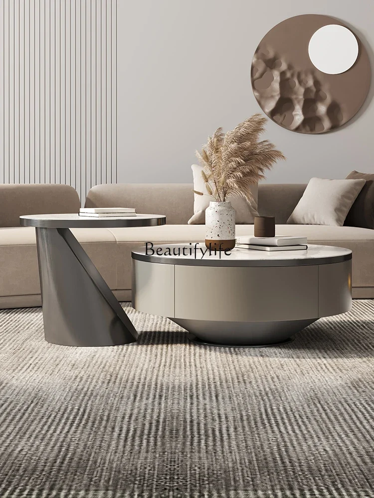 XX39 طاولة قهوة كبيرة وصغيرة مستديرة من ألواح الصخور مجموعة إيطالية بسيطة ومبتكرة وفاخرة وحديثة من الفولاذ المقاوم للصدأ #3