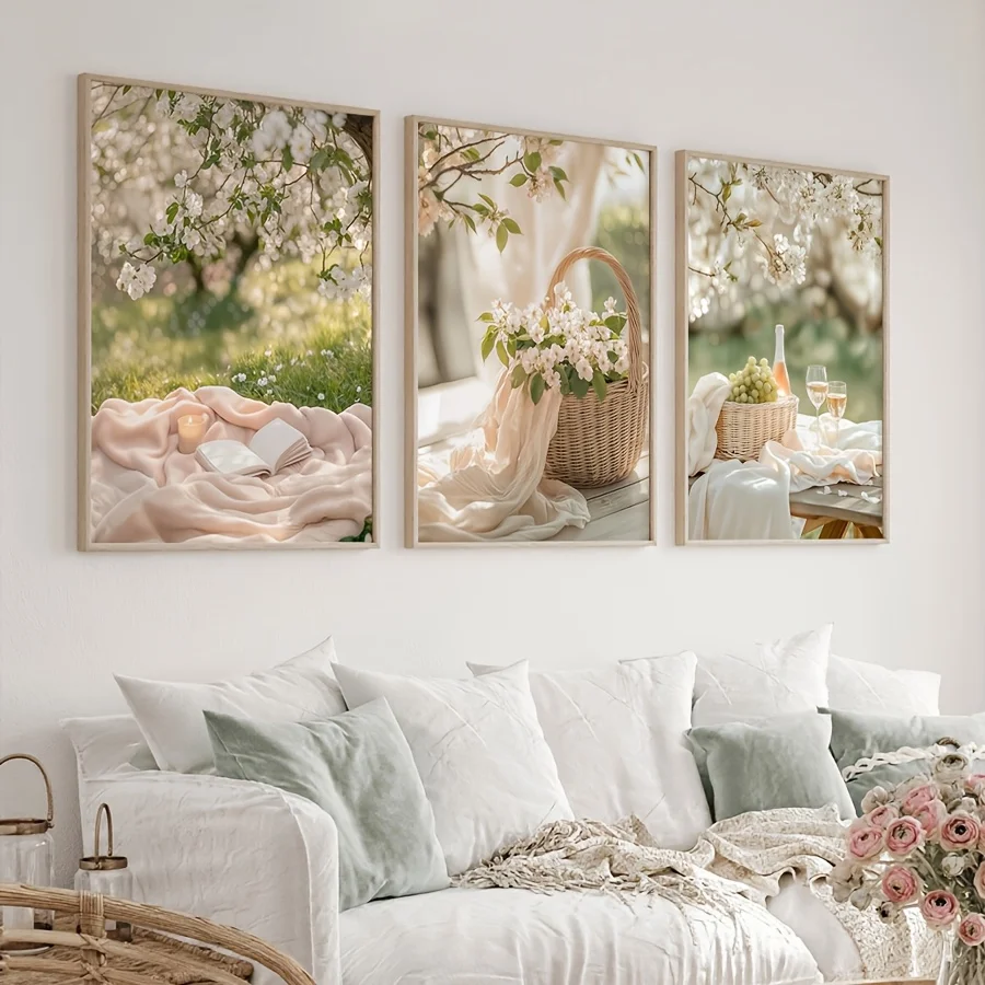 3pcs/set Floral Baskets and Outdoor Picnic Canvas Printing Retro Soft Spring Wall Art Posters for Modern Living Room Home Decor
