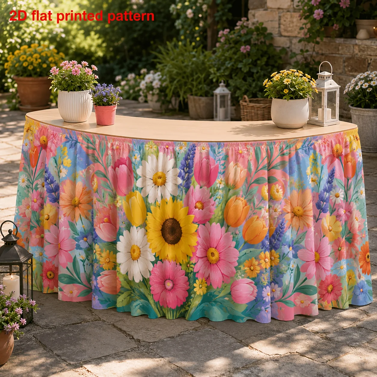 One table skirt. Polyester spring wildflower printed table skirt. Sunflower, daisy, tulip, lavender and chamomile mixed flowers.