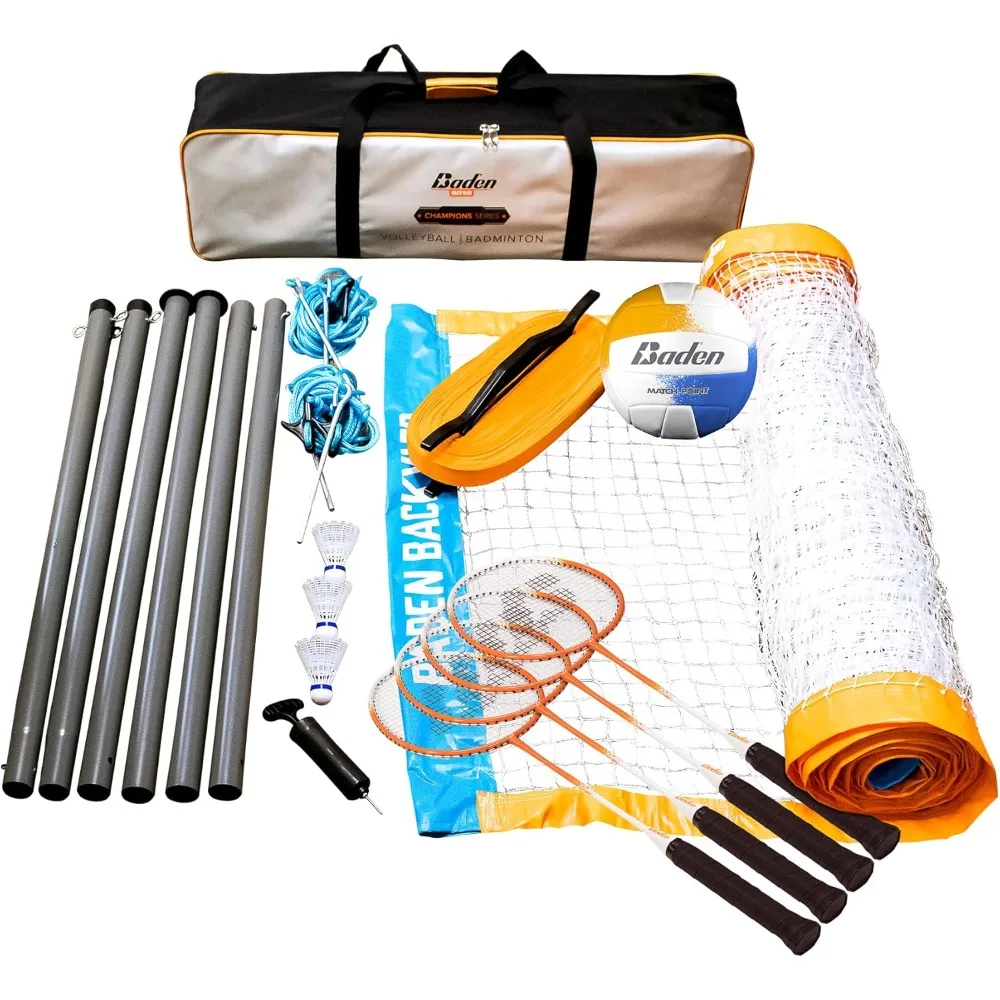 Champions Volleyball/Badminton Portable Combo Set, 4 Raquets 3 Birdies + Boundary  Volleyball  Pump  Carry Bag