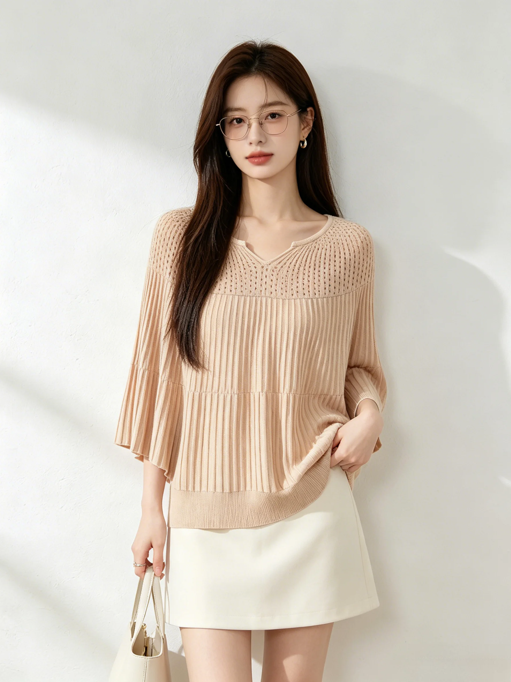 

Korean Style V-Neck Pleated Batwing Sleeve Knitted Top Summer New Short Sleeve Thin Pure Color Slimming Loose Fit Ladies Sweater