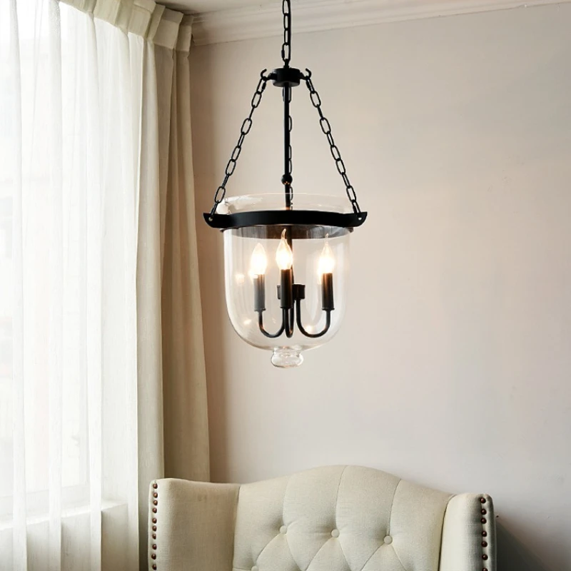 American Country Rotundity Clear Glass Pendant Light Retro Chain Sling Restaurant Living Room Kitchen Industry LED Lamp Fixtures