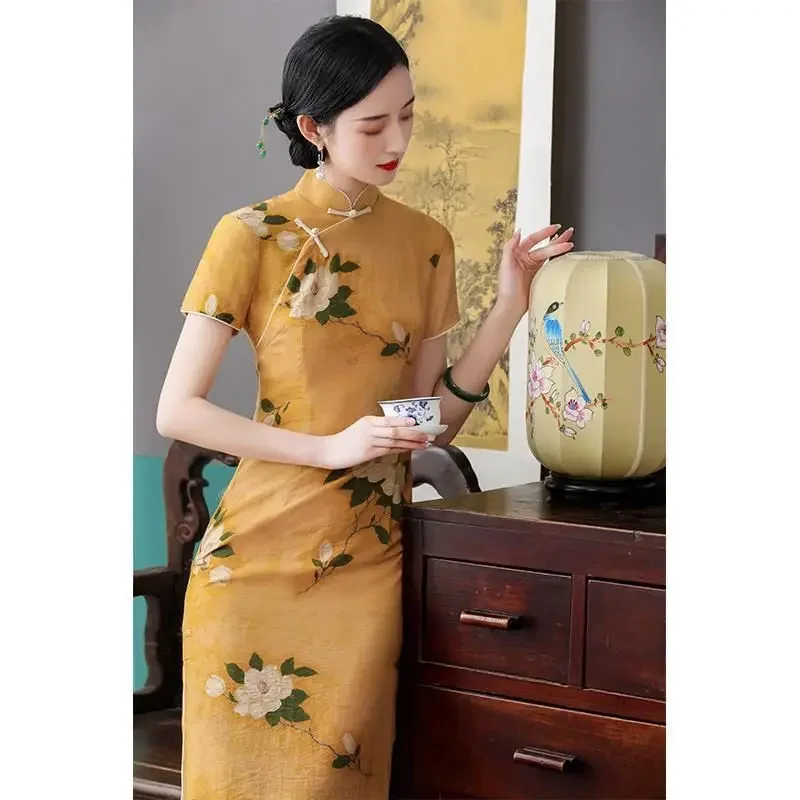 

Летнее современное элегантное платье Cheongsam с короткими рукавами, женское утягивающее желтое винтажное китайское традиционное платье, длинное улучшенное Ципао