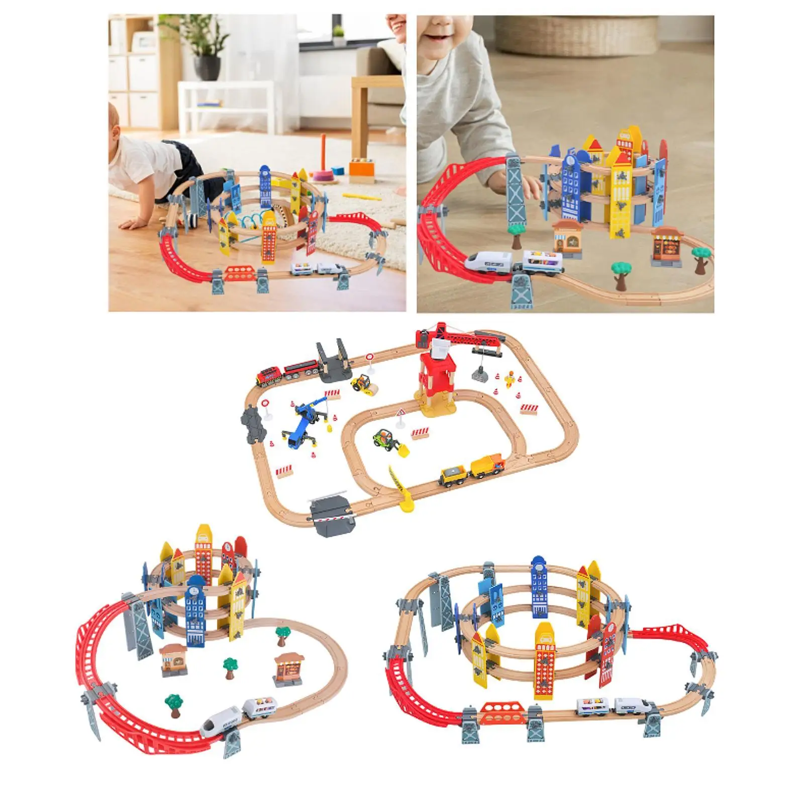 Conjuntos de trem e pista de madeira, brinquedo de viagem, conjunto ferroviário com ponte para idades de 3 + anos, pré-escolar, jardim de infância, crianças, suprimentos para festas