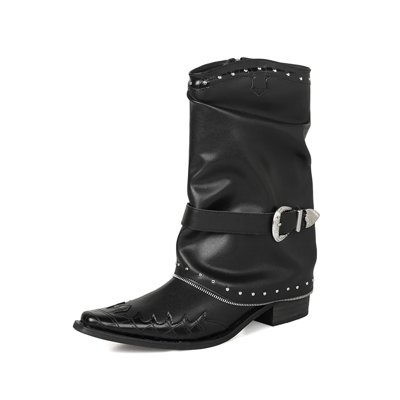 

Arden Furtado cowhide embroidery Belt buckle Short boots Square toe Side zipper Middle heel Turned-over Edge Western boots
