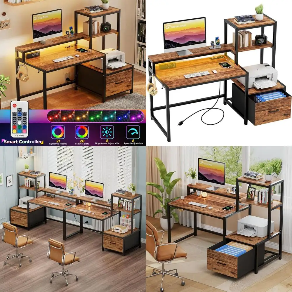 

Рабочий стол Walnut 51 для дома и офиса с ящиками, подставкой для монитора, полками для хранения, розетками и светодиодной подсветкой