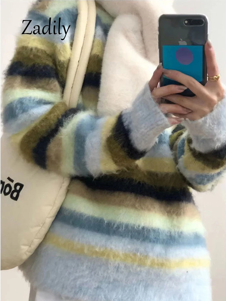 Zadily 2023 Winter Causla Long Sleeve Loose Women Striped Sweater Korea Style Mohair O Neck Knit Ladies Pullovers Warm Clothing