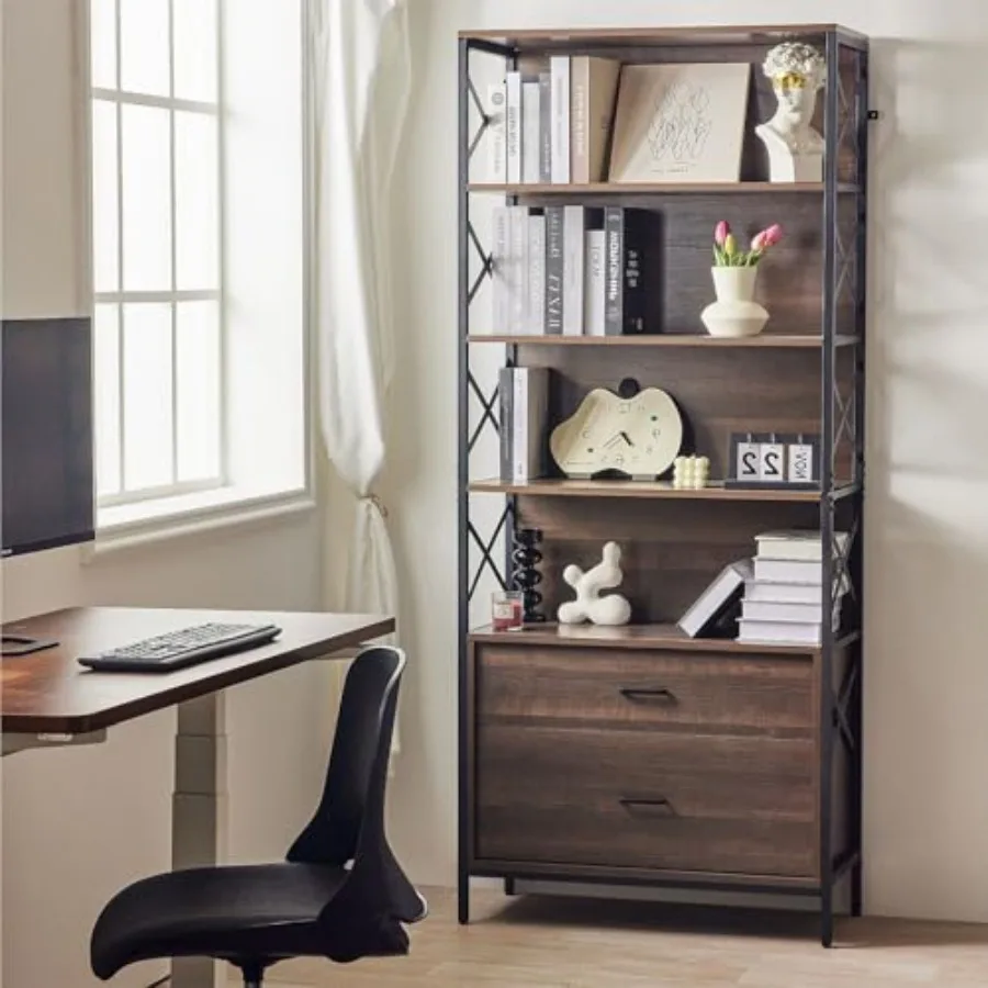 رف كتب صناعي من Redlife مع أدراج 74 خزانة كتب ريفية طويلة 5 أرفف كتب مع رف مفتوح لتخزين عرض المعادن الخشبية