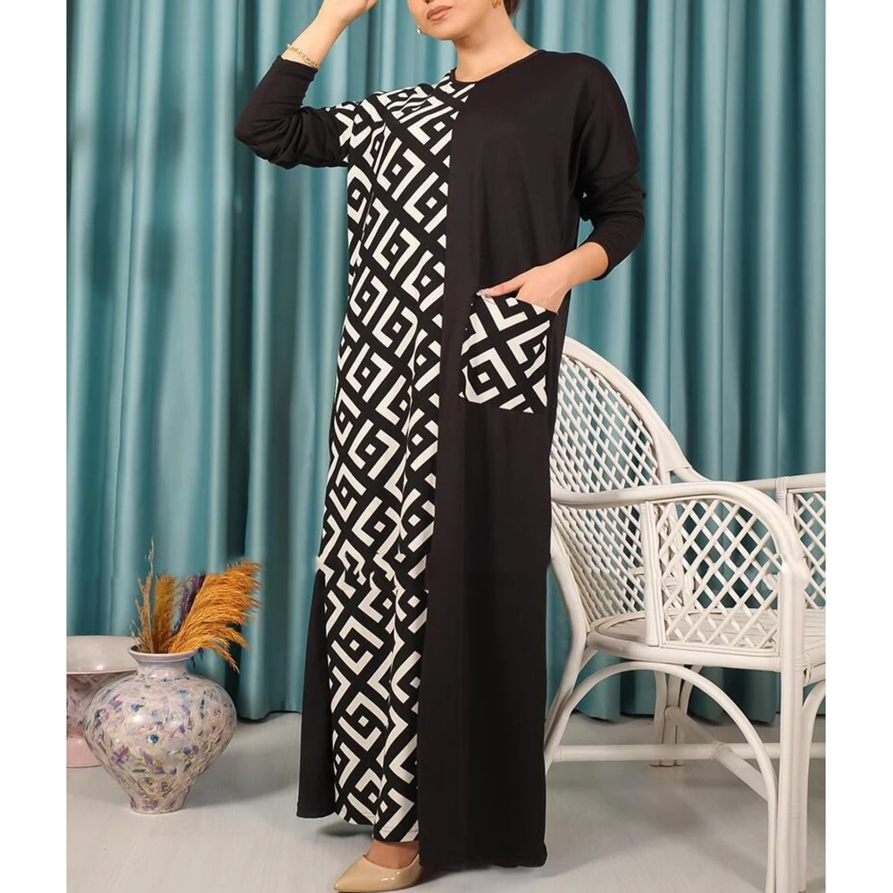 Patchwork Fashion Geometry Printed Maxi Dresses Women Long Sleeve Casual Robe O-collar Loose Dress Muslim Pocket Abaya Clothes