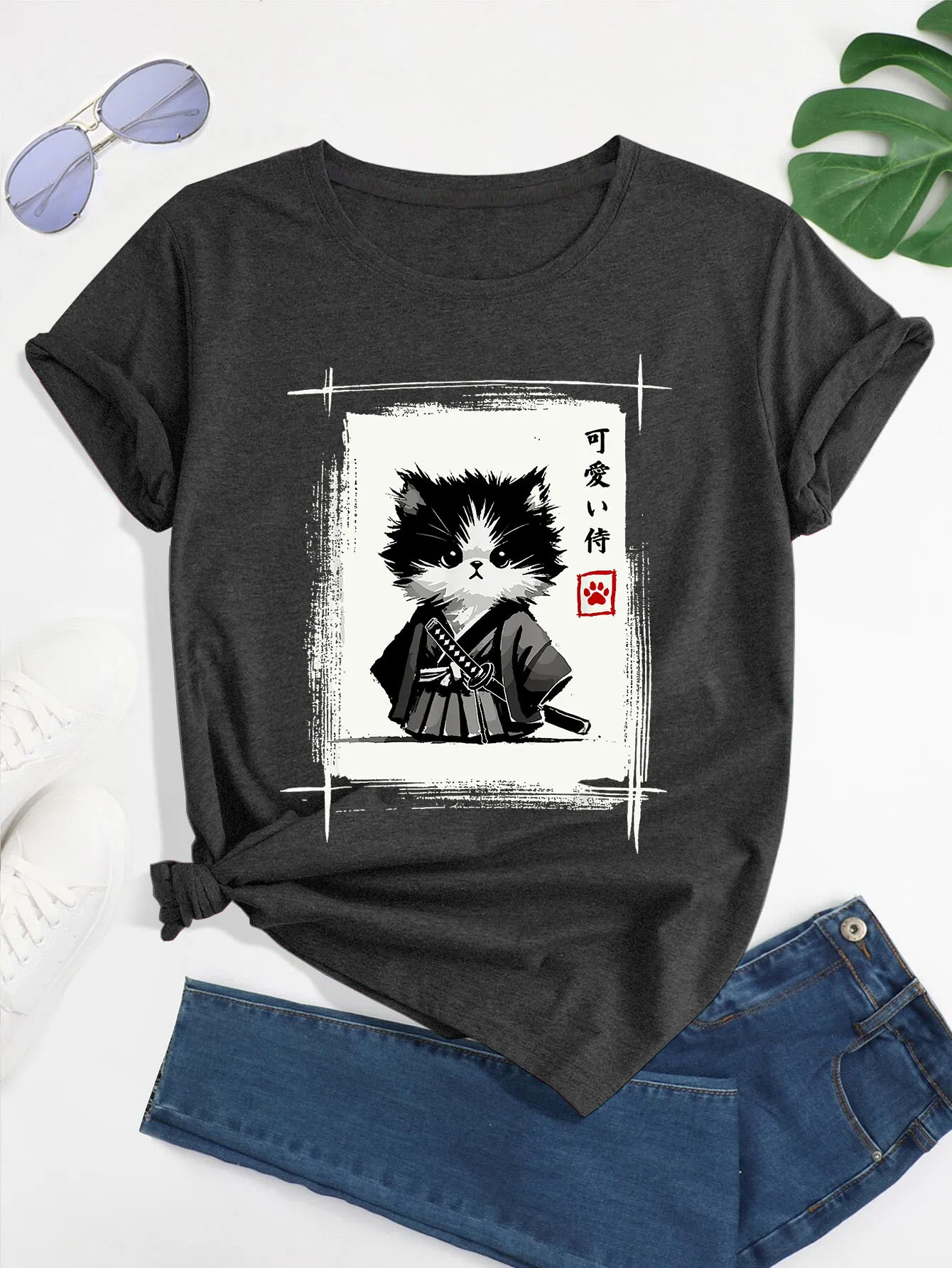 Samurai Cat Japanese Art Sumi-E Novelty Kawaii Funny Cat Print T-Shirt, Short Sleeve Crew Neck Casual Top for Summer & Spring, Women'S Clothing